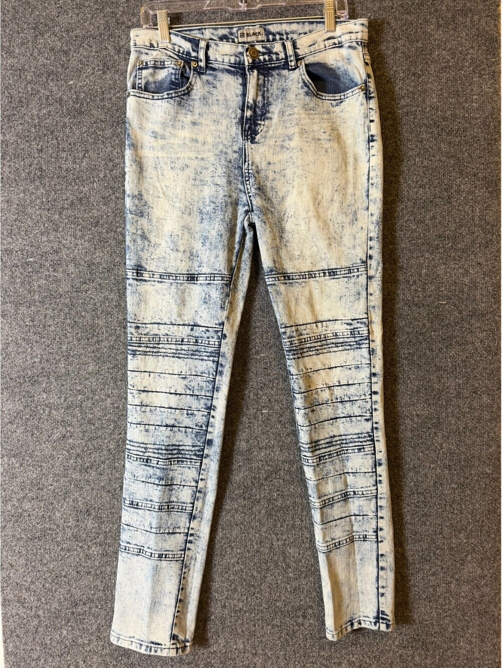 Black Premium Men 32x32 Moto Biker Jeans Super Skinny Flex Acid Wash Blue